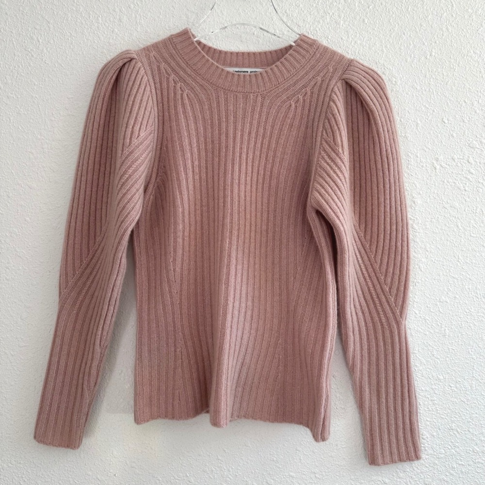 The Cashmere Project Sweater Womens XS Pink Rib Knit Puff Sleeve Preppy Coquette